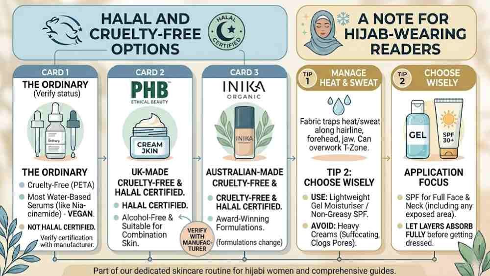 Skincare for Combination Skin: What Actually Works Infographic with two sections: "Halal and Cruelty-Free Options" comparing The Ordinary (cruelty-free but not Halal certified) with PHB Ethical Beauty and INIKA Organic (both cruelty-free and Halal certified); and "A Note for Hijab-Wearing Readers" advising lightweight gel moisturisers and non-greasy SPF to manage trapped heat and sweat along the hairline and jaw.