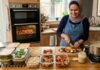 Healthy Meal Prep for Beginners UK: How to Save Time and Eat Well Every Week A woman in a kitchen preparing healthy meal prep for beginners, showing glass containers filled with rice, roasted vegetables, and fresh salad.