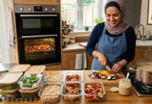 Healthy Meal Prep for Beginners UK: How to Save Time and Eat Well Every Week A woman in a kitchen preparing healthy meal prep for beginners, showing glass containers filled with rice, roasted vegetables, and fresh salad.