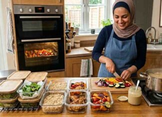 Healthy Meal Prep for Beginners UK: How to Save Time and Eat Well Every Week A woman in a kitchen preparing healthy meal prep for beginners, showing glass containers filled with rice, roasted vegetables, and fresh salad.