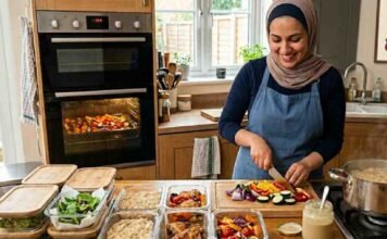 A woman in a kitchen preparing healthy meal prep for beginners, showing glass containers filled with rice, roasted vegetables, and fresh salad.