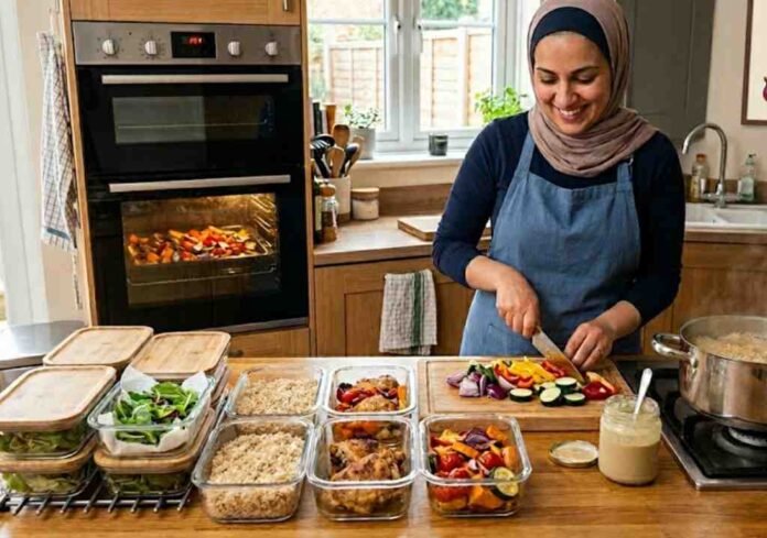 Healthy meal prep for beginners A woman in a kitchen preparing healthy meal prep for beginners, showing glass containers filled with rice, roasted vegetables, and fresh salad.