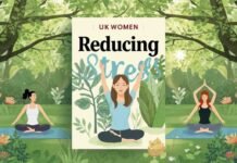 Three women practicing yoga outdoors in a green park setting, illustrating how to reduce stress naturally for UK women