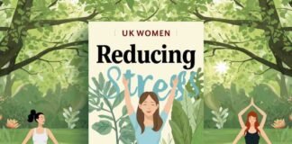 Three women practicing yoga outdoors in a green park setting, illustrating how to reduce stress naturally for UK women