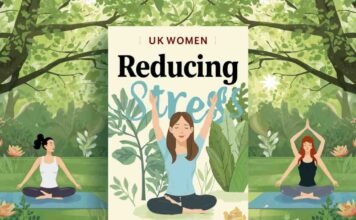 Three women practicing yoga outdoors in a green park setting, illustrating how to reduce stress naturally for UK women
