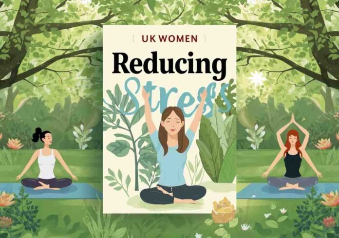 How to Reduce Stress Naturally Three women practicing yoga outdoors in a green park setting, illustrating how to reduce stress naturally for UK women