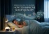 Woman sleeping peacefully in a dimly lit, cozy bedroom with a 90-minute sleep cycle infographic overlay to illustrate how to improve sleep quality.