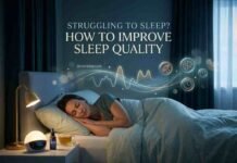 How to Improve Sleep Quality: The Evidence-Based Guide for UK Women Woman sleeping peacefully in a dimly lit, cozy bedroom with a 90-minute sleep cycle infographic overlay to illustrate how to improve sleep quality.