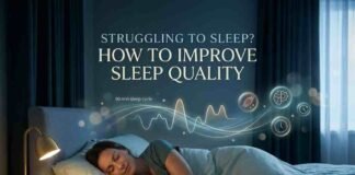 Woman sleeping peacefully in a dimly lit, cozy bedroom with a 90-minute sleep cycle infographic overlay to illustrate how to improve sleep quality.