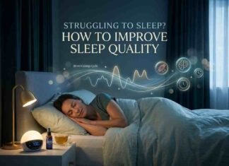 How to Improve Sleep Quality: The Evidence-Based Guide for UK Women Woman sleeping peacefully in a dimly lit, cozy bedroom with a 90-minute sleep cycle infographic overlay to illustrate how to improve sleep quality.