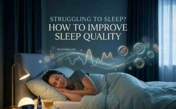 Woman sleeping peacefully in a dimly lit, cozy bedroom with a 90-minute sleep cycle infographic overlay to illustrate how to improve sleep quality.