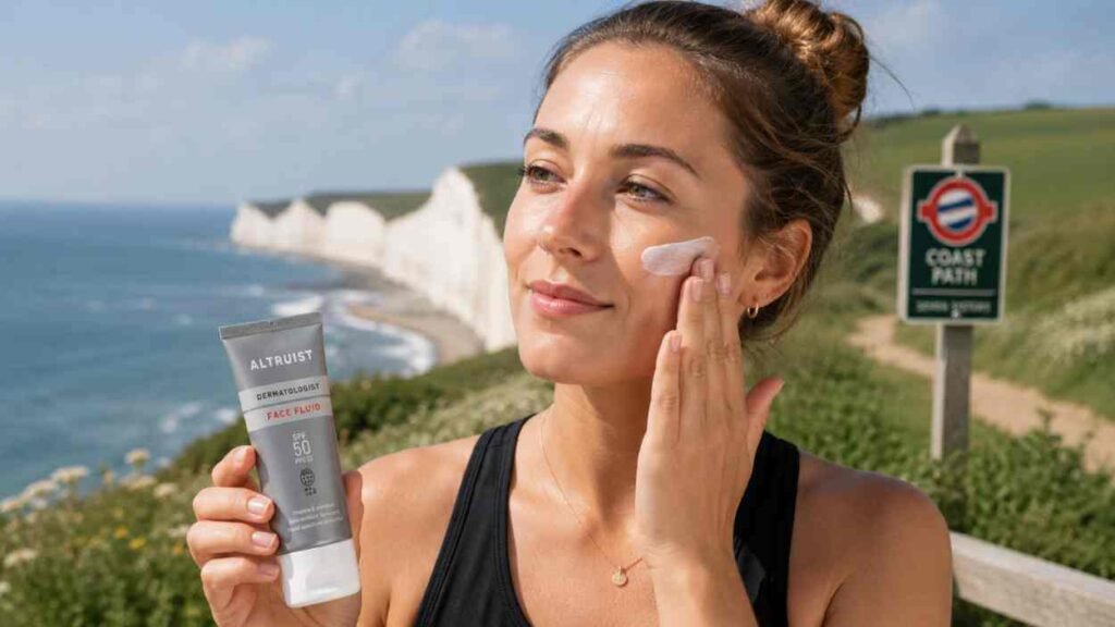 Altruist SPF 50 Sunscreen Review UK: Is This £8 Sun Cream Really Worth the Hype? British woman applying Altruist SPF 50 Face Fluid sunscreen on a sunny coastal walking trail, demonstrating daily broad-spectrum sun protection for outdoor skincare.