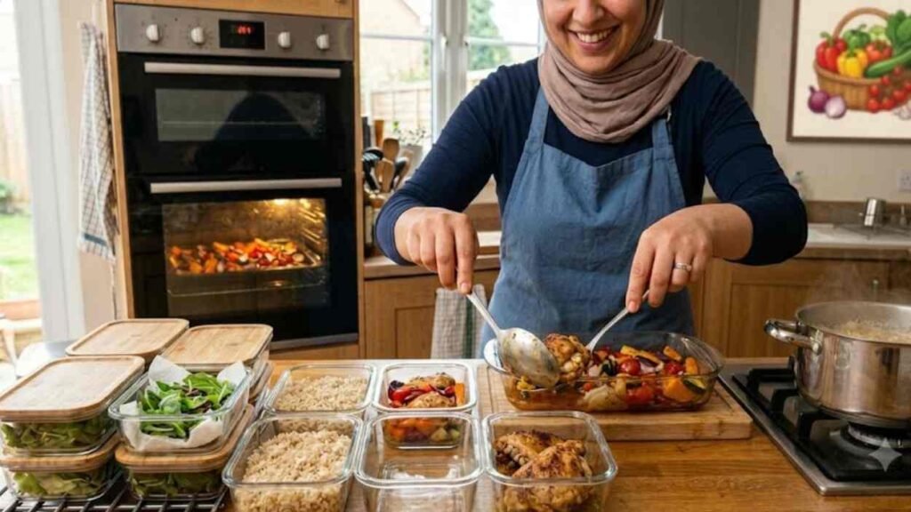 Healthy Meal Prep for Beginners UK: How to Save Time and Eat Well Every Week A close-up of a woman's hands portioning roasted chicken and vegetables into clear glass meal prep containers in a modern kitchen