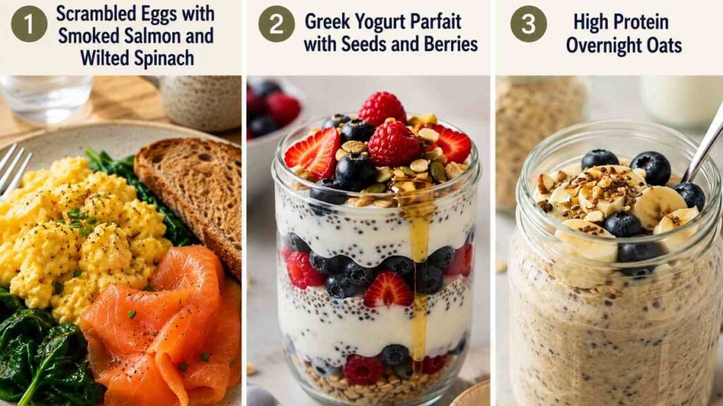 High protein breakfast ideas UK featuring scrambled eggs with smoked salmon, Greek yogurt parfait and high protein overnight oats