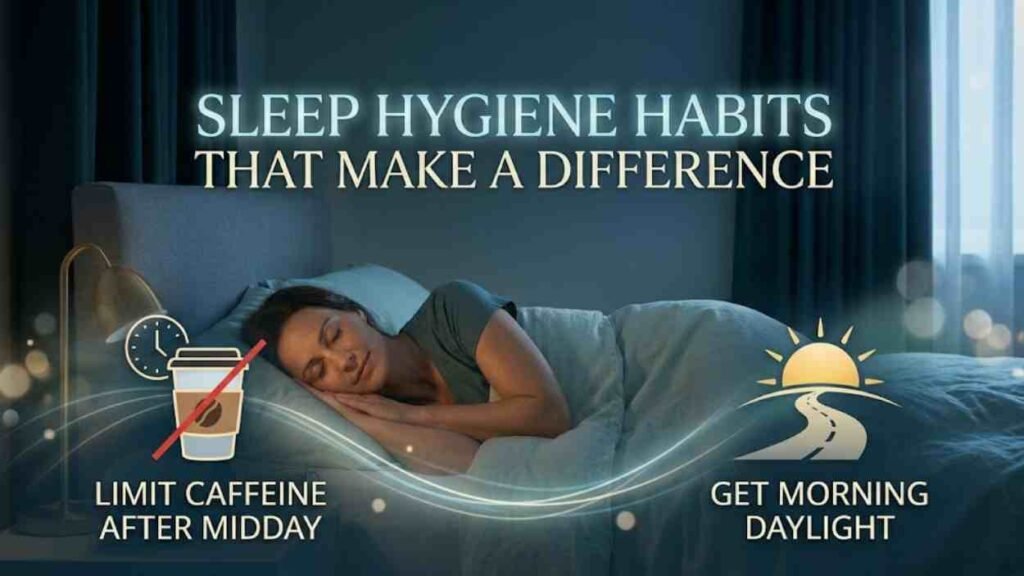 How to Improve Sleep Quality: The Evidence-Based Guide for UK Women How to improve sleep quality - An infographic overlaid on a photo of a woman sleeping peacefully in bed, with icons illustrating two key sleep hygiene habits: avoiding coffee after noon and getting morning daylight. The large text at the top reads "SLEEP HYGIENE HABITS THAT MAKE A DIFFERENCE". Below the icons are captions: "LIMIT CAFFEINE AFTER MIDDAY" and "GET MORNING DAYLIGHT".