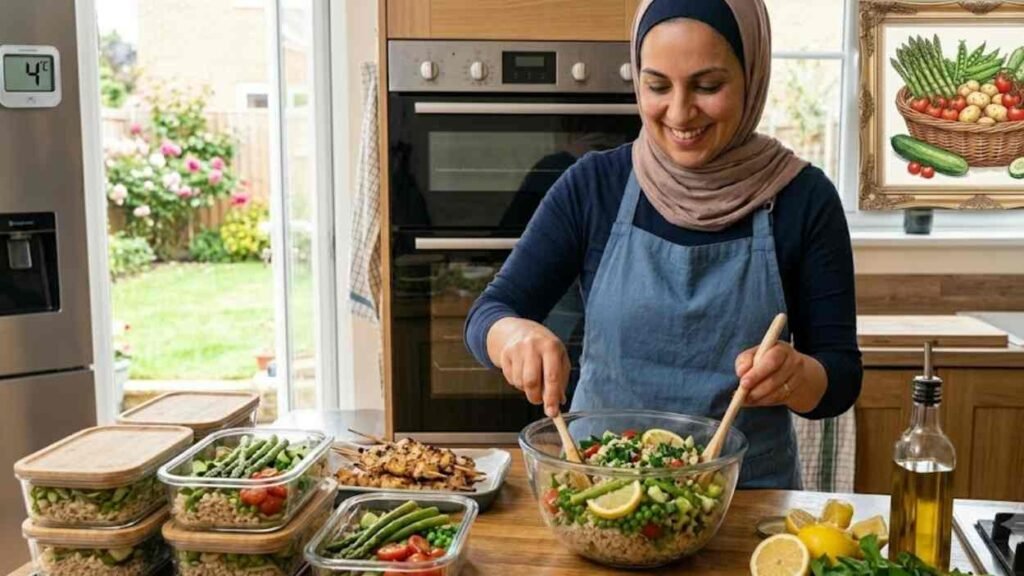 Healthy Meal Prep for Beginners UK: How to Save Time and Eat Well Every Week A woman preparing a cold grain salad for healthy meal prep for beginners during summer, featuring seasonal vegetables like asparagus, peas, and cherry tomatoes in a bright kitchen.