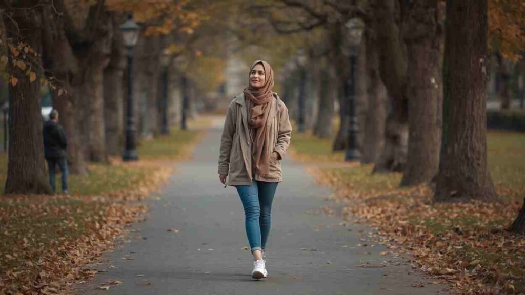 How to Reduce Stress Naturally: A Practical Guide for UK Women in 2026 A British Muslim woman in a hijab walking in a park as a natural way to reduce stress