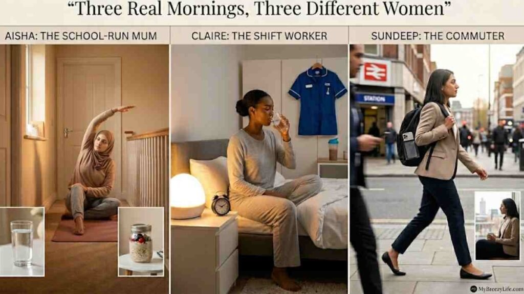 A three-panel photo story illustrating the distinct morning routines of Aisha, a mother stretching; Claire, a nurse drinking water in bed; and Sundeep, a commuter walking to the station.