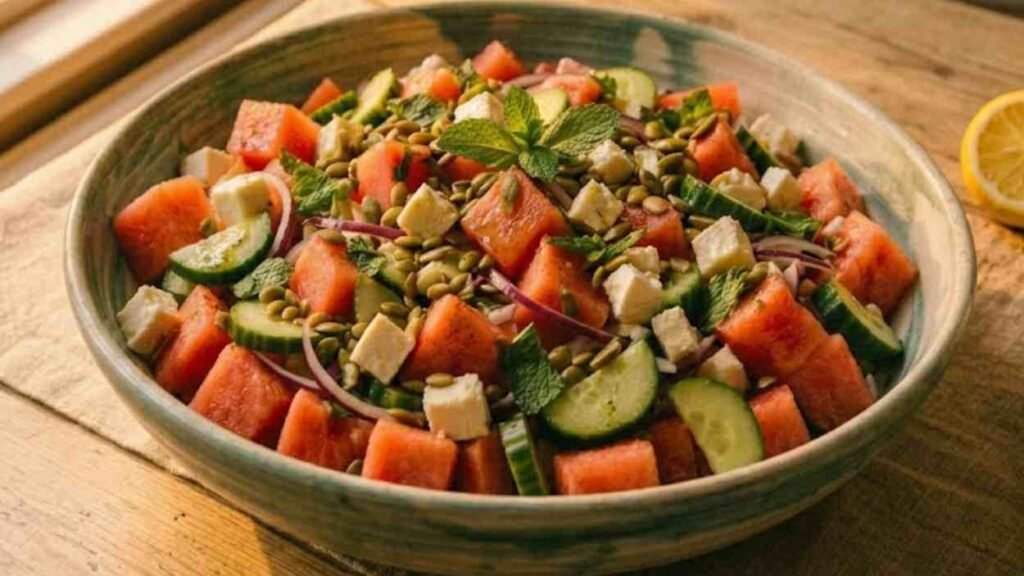Watermelon Feta Salad Recipe | The Easiest Summer Dish You Will Make All Season watermelon feta salad recipe : close up watermelon feta salad with mint dressing healthy UK recipe