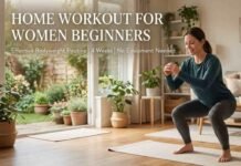 A woman performing a bodyweight squat on a yoga mat during a home workout for women beginners routine.