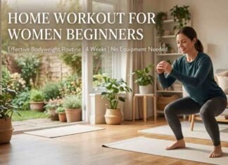 The Best Home Workout for Women Beginners: A Realistic 4-Week Plan That Actually Works A woman performing a bodyweight squat on a yoga mat during a home workout for women beginners routine.