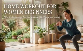 A woman performing a bodyweight squat on a yoga mat during a home workout for women beginners routine.