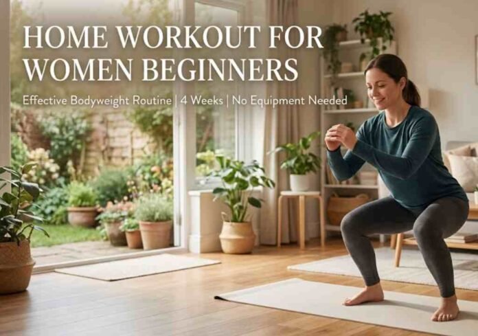 A woman performing a bodyweight squat on a yoga mat during a home workout for women beginners routine.