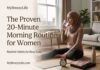 A woman in modest activewear sitting on a yoga mat drinking water as part of a realistic morning routine for women at home.