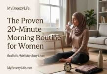 Morning Routine for Women: A Realistic Guide from a UK Personal Trainer A woman in modest activewear sitting on a yoga mat drinking water as part of a realistic morning routine for women at home.
