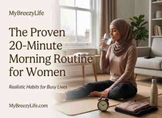 A woman in modest activewear sitting on a yoga mat drinking water as part of a realistic morning routine for women at home.