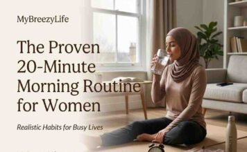 A woman in modest activewear sitting on a yoga mat drinking water as part of a realistic morning routine for women at home.