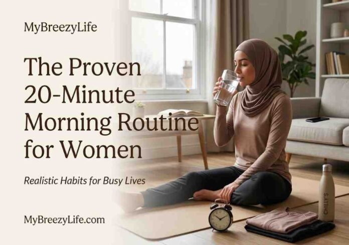 A woman in modest activewear sitting on a yoga mat drinking water as part of a realistic morning routine for women at home.