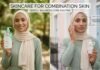 A split-screen graphic showcasing a gentle skincare for combination skin. A model wearing a cream hijab and sage green dress holds product recommendations and demonstrates applying facial cream to different skin zones.