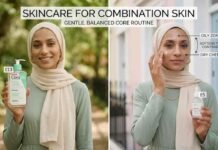 Skincare for Combination Skin: What Actually Works A split-screen graphic showcasing a gentle skincare for combination skin. A model wearing a cream hijab and sage green dress holds product recommendations and demonstrates applying facial cream to different skin zones.