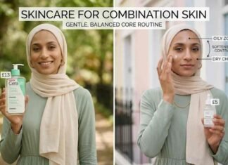 Skincare for Combination Skin: What Actually Works A split-screen graphic showcasing a gentle skincare for combination skin. A model wearing a cream hijab and sage green dress holds product recommendations and demonstrates applying facial cream to different skin zones.
