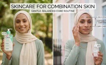 A split-screen graphic showcasing a gentle skincare for combination skin. A model wearing a cream hijab and sage green dress holds product recommendations and demonstrates applying facial cream to different skin zones.