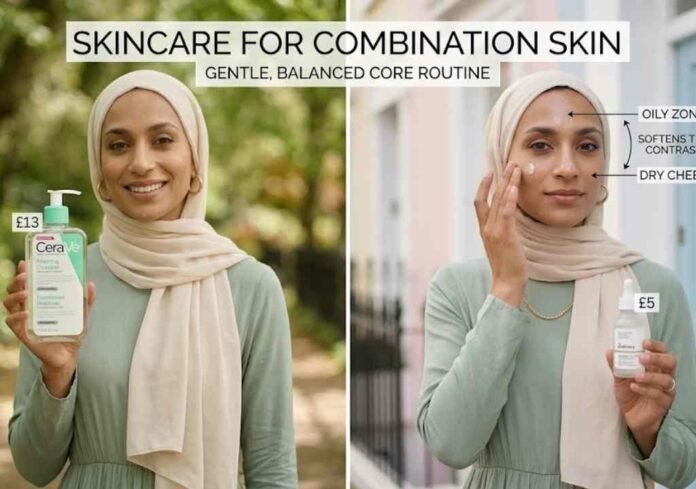 skincare for combination skin A split-screen graphic showcasing a gentle skincare for combination skin. A model wearing a cream hijab and sage green dress holds product recommendations and demonstrates applying facial cream to different skin zones.