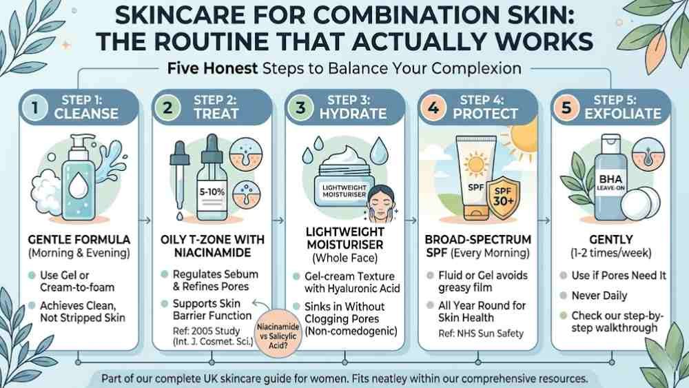 Skincare for Combination Skin: What Actually Works Infographic outlining a 5-step skincare for combination skin: 1. Cleanse (gentle gel/foam), 2. Treat (5-10% niacinamide for oily T-zone), 3. Hydrate (lightweight gel-cream), 4. Protect (fluid SPF 30+), and 5. Exfoliate (leave-on BHA 1-2 times weekly).