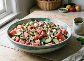 watermelon feta salad recipe UK fresh mint cucumber summer dish
