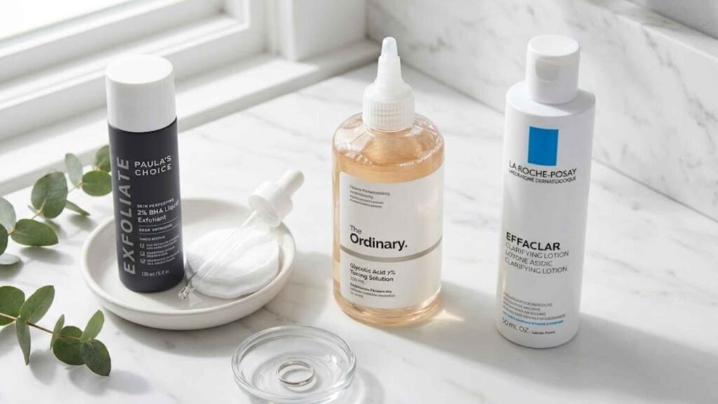 Paula's Choice 2% BHA, The Ordinary Glycolic Acid 7%, and La Roche-Posay Effaclar Clarifying Lotion arranged on a marble surface as top exfoliating choices for the best toner for oily skin UK