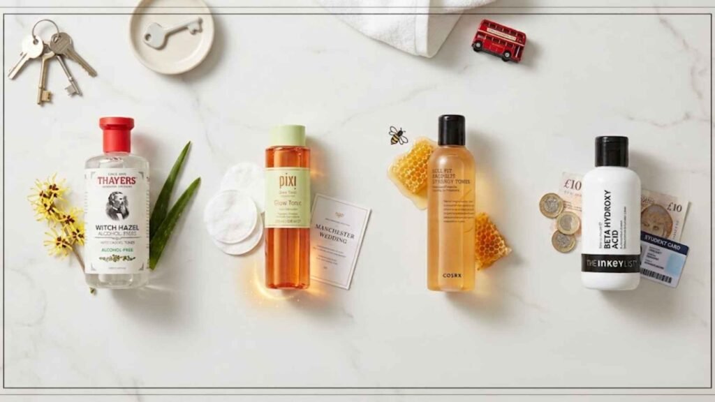 A curated flat-lay of skincare toners, including Thayers Witch Hazel, Pixi Glow Tonic, COSRX Propolis, and The INKEY List BHA, as recommendations for the best toner for oily skin UK