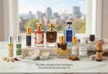 Best Alcohol Free Perfume UK: 12 Long-Lasting Scents I Tested (Oils, Attars and Solids) A collection of twelve Best Alcohol Free Perfume UK oils, attars, and solid fragrance balms from brands including Al Rehab, Swiss Arabian, and Dukhni, arranged on a marble surface with a blurred city view background, representing the best alcohol-free perfume options for UK shoppers.
