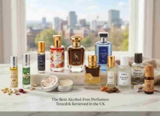 A collection of twelve Best Alcohol Free Perfume UK oils, attars, and solid fragrance balms from brands including Al Rehab, Swiss Arabian, and Dukhni, arranged on a marble surface with a blurred city view background, representing the best alcohol-free perfume options for UK shoppers.
