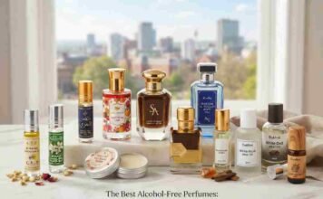 A collection of twelve Best Alcohol Free Perfume UK oils, attars, and solid fragrance balms from brands including Al Rehab, Swiss Arabian, and Dukhni, arranged on a marble surface with a blurred city view background, representing the best alcohol-free perfume options for UK shoppers.