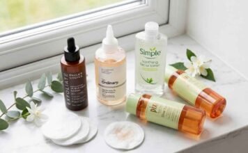 A selection of top-rated skincare products from a review of the best toner for oily skin UK, featuring brands like Paula's Choice and The Ordinary on a marble windowsill.