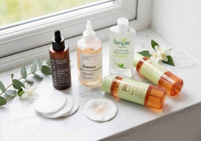A selection of top-rated skincare products from a review of the best toner for oily skin UK, featuring brands like Paula's Choice and The Ordinary on a marble windowsill.