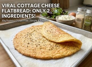 Cottage Cheese Flatbread Recipe: A freshly baked golden cottage cheese flatbread folded on parchment paper on a baking tray, surrounded by an egg, cottage cheese, and spice jars.