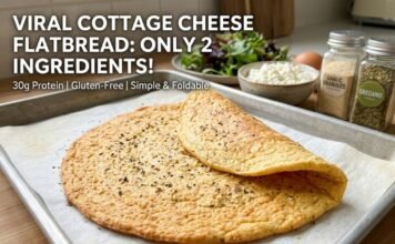 Cottage Cheese Flatbread Recipe: A freshly baked golden cottage cheese flatbread folded on parchment paper on a baking tray, surrounded by an egg, cottage cheese, and spice jars.
