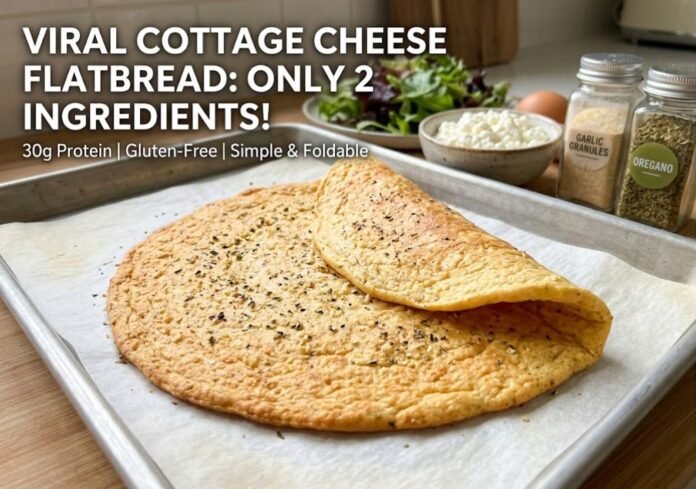 Cottage Cheese Flatbread Recipe: A freshly baked golden cottage cheese flatbread folded on parchment paper on a baking tray, surrounded by an egg, cottage cheese, and spice jars.