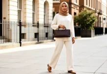 Woman carrying an affordable east west bag uk style on a London street